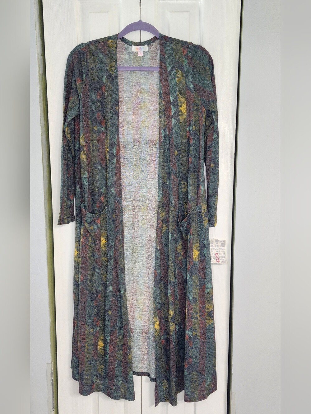 NWT LuLaRoe Sarah Duster Cardigan Sweater Sz S Gray Geometric Mosaic Long Pocket